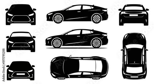 Car Silhouette Set: Front, Side, Top Views of Modern Sedan