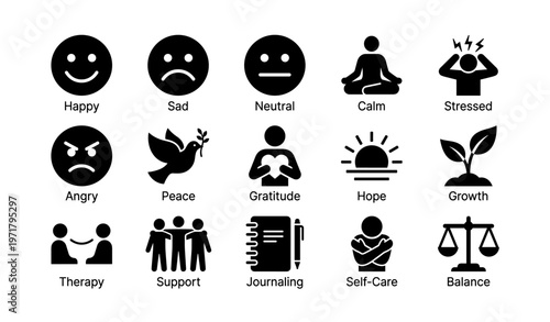 Emotions and wellbeing icons: happy, sad, calm, stressed, growth, balance
