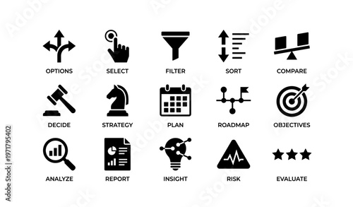 Business icon set: strategy, planning, decision making tools