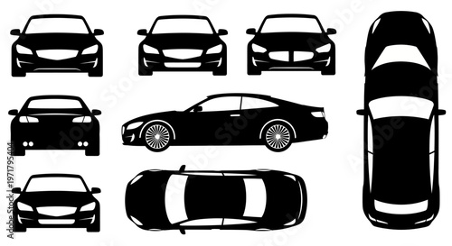 Car Silhouettes Collection: Front, Side, Top Views of Modern Automobiles