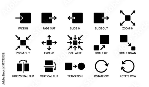 Animation icons set: fade, slide, zoom, expand, collapse, scale, flip, rotate