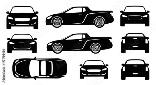 Car Silhouettes Collection: Front, Side, Top Views of Modern Vehicles