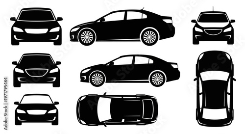 Car Silhouettes Collection: Front, Side, Top Views of Sedan and Hatchback