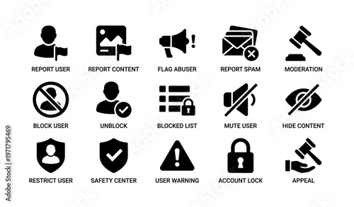 User moderation tools: icons for blocking, reporting, and security settings