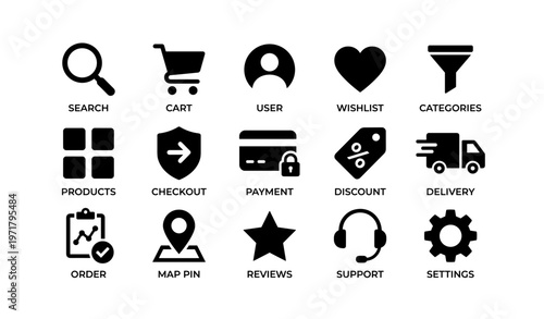 E-commerce icons: search, cart, user, wishlist, categories, products, checkout, payment, discount