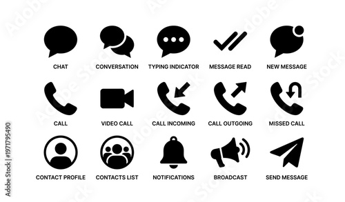 Communication icon set featuring chat, call, video call, and message symbols