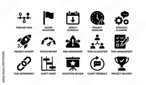 Project management icons set: milestone, schedule, deadline, planning, review