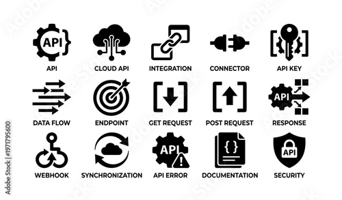 Api and integration icons: cloud, security, data flow, synchronization