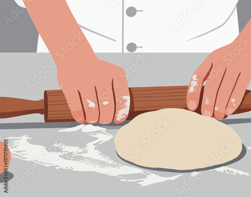 Baker rolls out dough with a rolling pin in a kitchen during the morning hours to prepare for baking bread and pastries