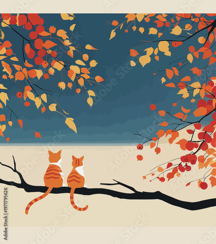 Two cats sit on a branch looking at a sunset over a calm lake surrounded by autumn leaves in a clear sky