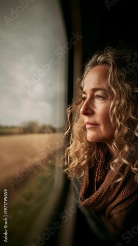 Woman looking out train window.