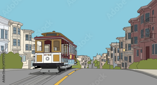 San Francisco Cable Car Climbing Steep Hillside Street with Victorian Houses