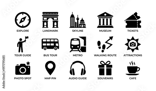 Travel icons: explore landmarks, transport, and attractions for tourists
