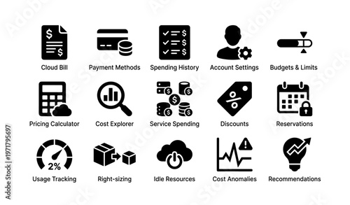 Cloud billing finance icons: payment, budget, discounts, analysis tools