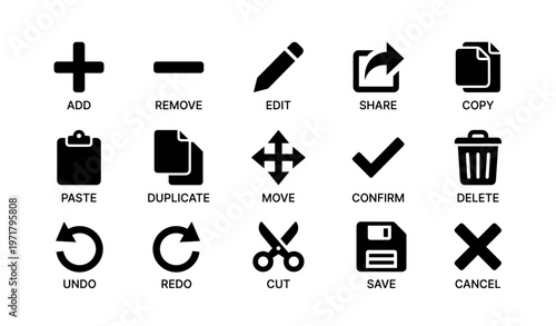 Essential ui icons set: add, edit, delete, save, more