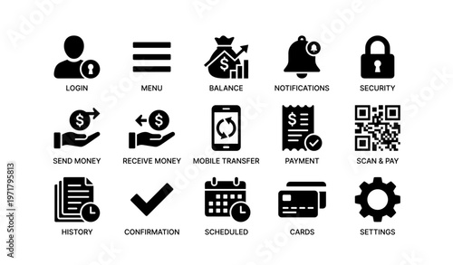 Financial app icons for online banking and security features