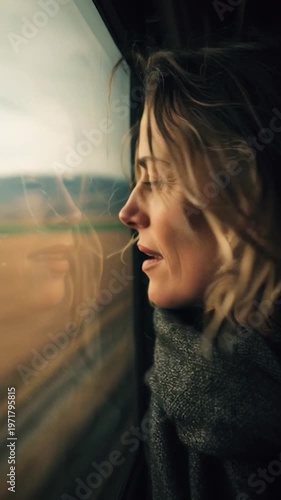 Woman looking out train window.