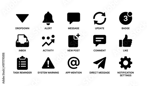 Set of 16 black user interface icons with alert bell and message bubble