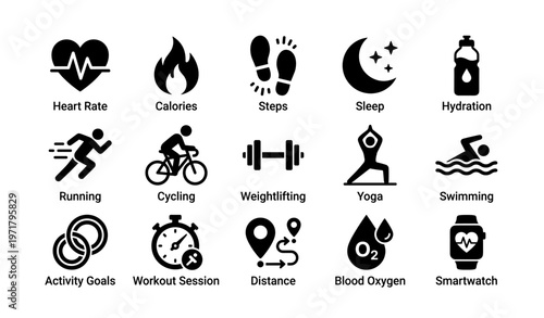 Fitness icon set: heart rate, calories, steps, sleep, hydration, and more