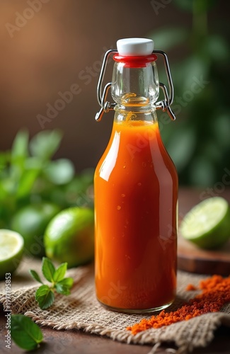 Orange sauce in glass bottle with limes herbs and spices. Rustic homemade condiment for food. Great for cooking recipes and culinary content. Studio shot.