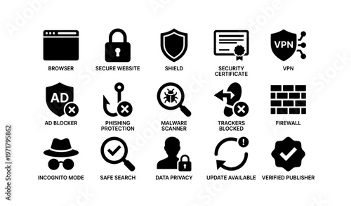 Internet security icons: browser, shield, firewall, vpn, privacy tools