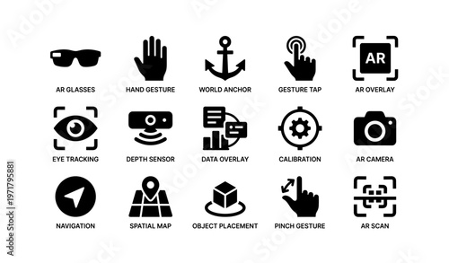 Augmented reality icons: glasses, gestures, sensors, map, camera, anchor, navigation