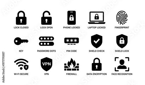 Security icons: lock, phone, laptop, fingerprint, key, vpn, firewall, face recognition