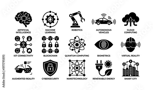 Icons representing emerging technologies in computing and energy