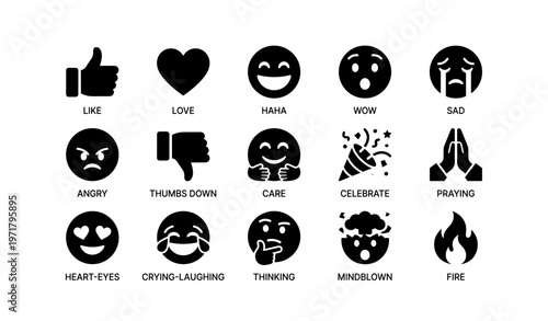 Collection of popular emoji reactions and expressions in black icons