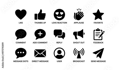 Social media icons set: like, comment, share, and more