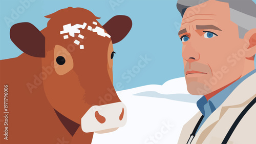Man stands next to a cow in a snowy farm during the winter month while wearing a lab coat and looking serious about his work