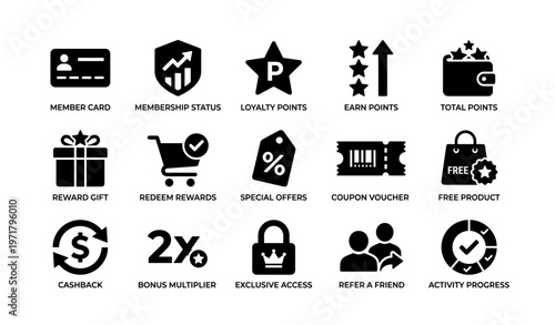 Loyalty program icons: member card, rewards, points, voucher, cashback, exclusive access