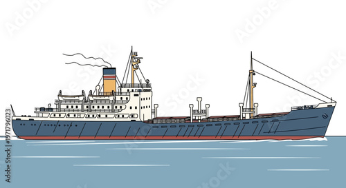 Vintage Cargo Ship Sailing on Calm Water, Maritime Transport Illustration
