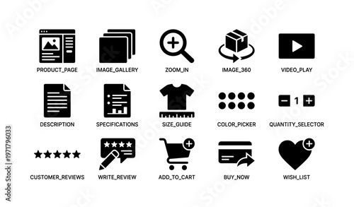 E-commerce website icons: shopping, reviews, cart, zoom, video