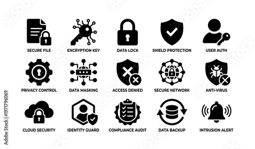 Cybersecurity icons set: data protection and privacy