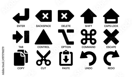 Keyboard symbols: enter, backspace, delete, shift, caps lock, and more