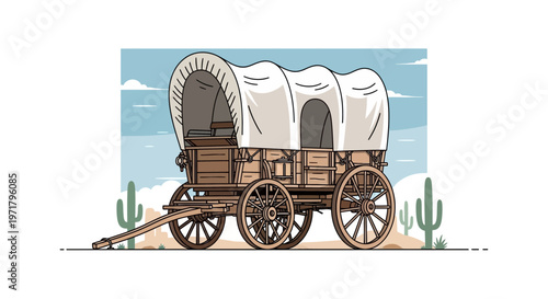 Vintage Covered Wagon in Desert Landscape, Western Pioneer Transportation