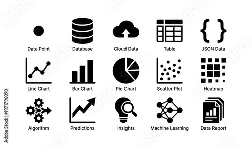 Data analysis icons: charts, algorithms, machine learning, database, cloud