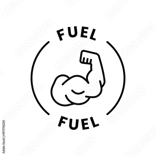 Simple fuel text emblem with bicep muscle illustration for energy and sports supplement brand identity