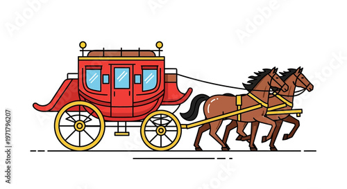 Vintage Horse Drawn Carriage with Two Horses, Red Stagecoach Illustration