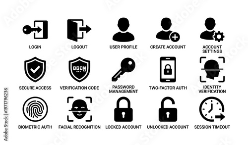 User login and security icons for account management and authentication
