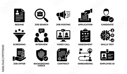 Icons depicting various stages of the job application and hiring process