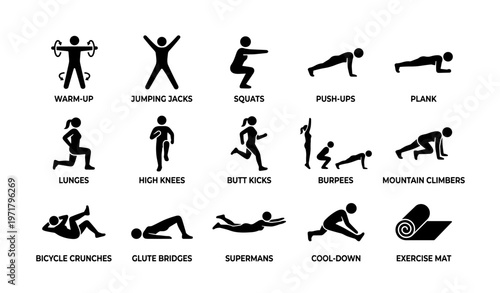 Silhouette icons of various fitness exercises with descriptive labels