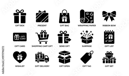Gift icon set: box, bag, card, ribbon, list, delivery symbols