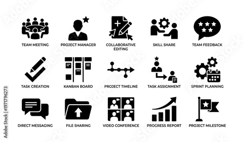 Project management icons: team collaboration, task planning, progress reporting