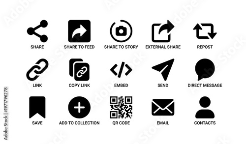 Social media icons: sharing, embedding, messaging, and more