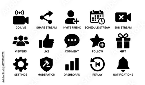 Live streaming icons: set of symbols for video broadcasting and social media engagement