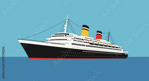 Vintage Ocean Liner Cruise Ship Sailing on Calm Blue Sea