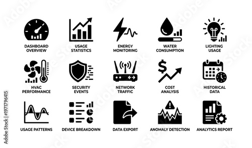 Data analytics and monitoring icons for energy and security management