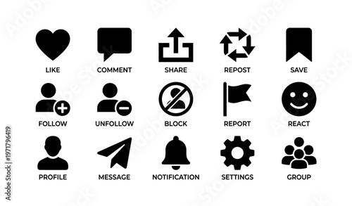 Social media icons: like, comment, share, and more